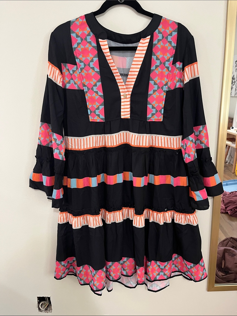 Women’s Black Boho Tiered Dress with Pink and Orange Geometric Accents